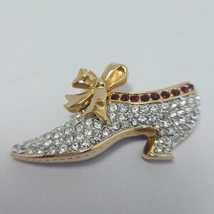 SWAROVSKI Sparkly Gold Plated Red-Clear Crystal Cinderella Shoe Brooch/Pin Stamp